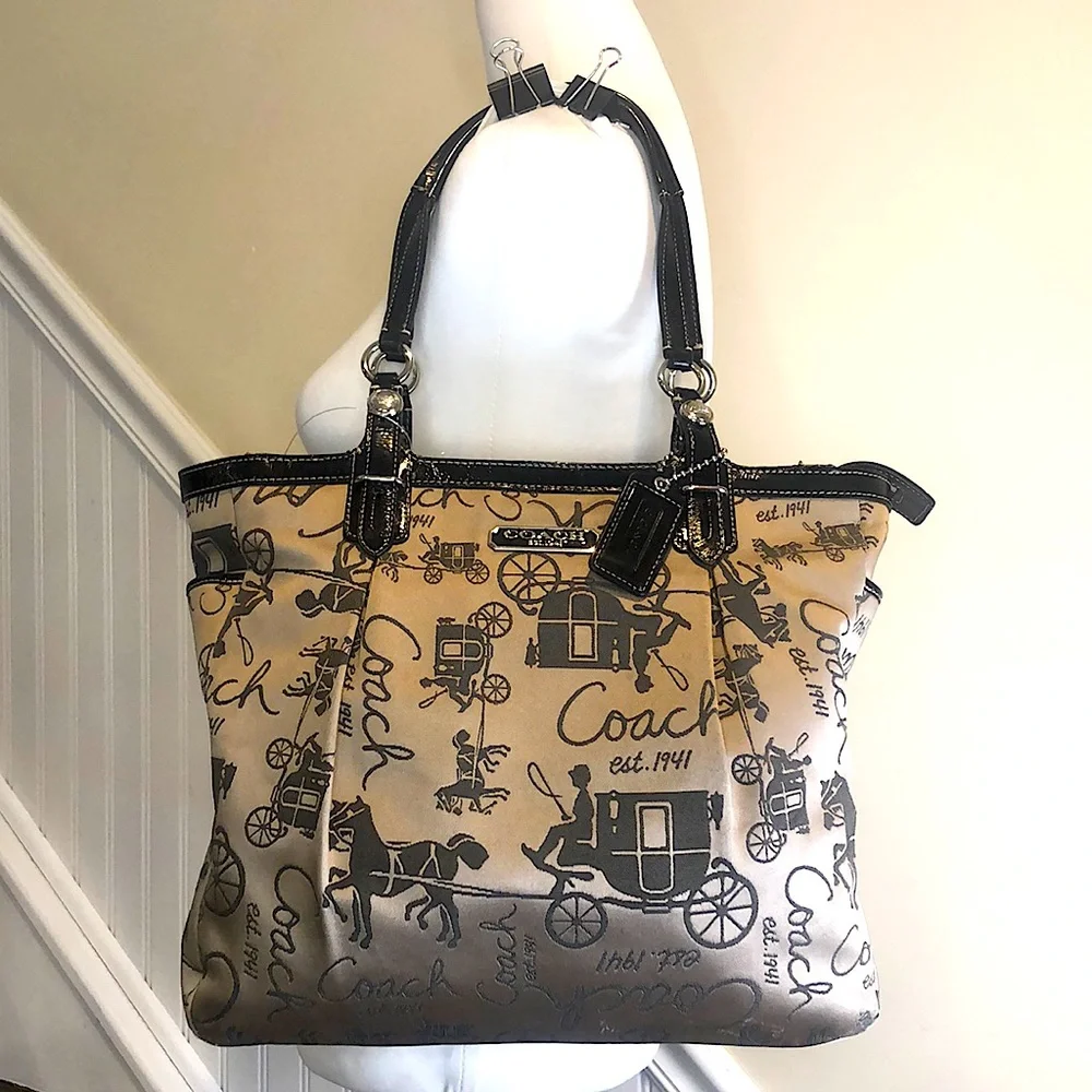 COACH Vintage Horse & Carriage Tan Satin Shoulder Bag  Black Leather Straps
